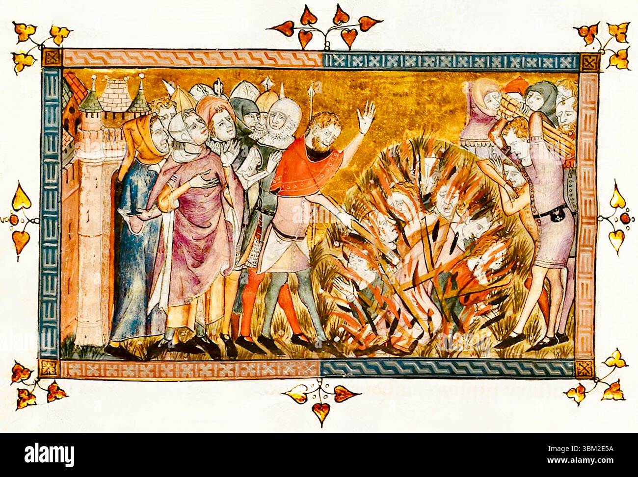 Pierart dou Tielt - Miniatur zur Darstellung des Tractatus-quartus von Gilles li Muisit (Tournai, um 1353 - Judenverfolgung während des Schwarzen Todes Stockfoto