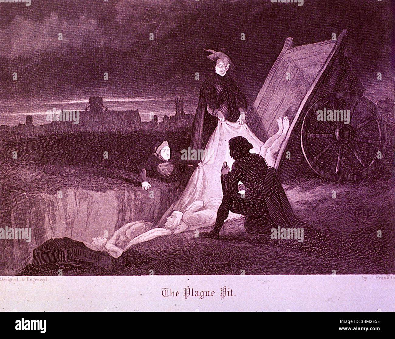 J Franklin - Pestopfer werden während der Großen Pest 1885 von einem Wagen in ein Gemeindegrab in London gekippt Stockfoto