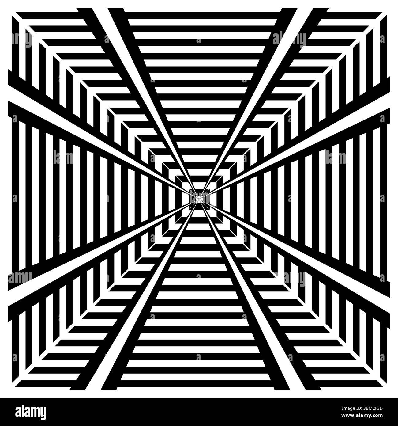Das optische Täuschungsmuster. Geometrischer Tunneleffekt. Vektorperspektive Konstruktion. Schwarz-weiße Streifen Stock Vektor