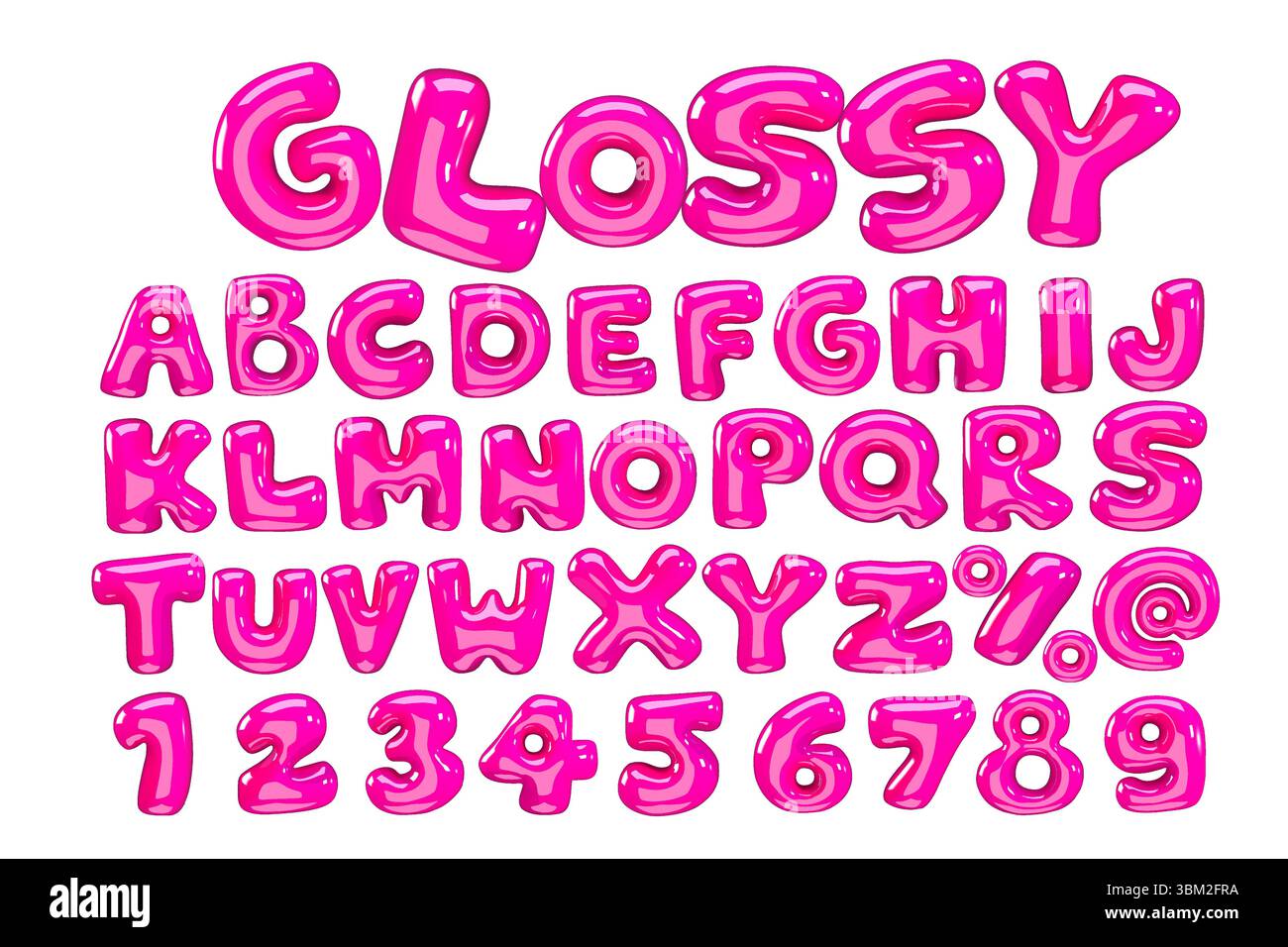 3D-Stilvektor des hochglänzenden rosa Alphabets und der Zahlen auf weißem Hintergrund Stock Vektor