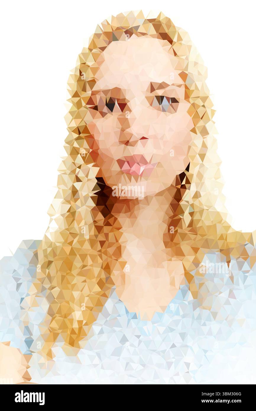 Digitales Kunstwerk mit polygonaler Illustration einer blonden Frau mit neutralem Ausdruck. Das geometrische Design spiegelt eine moderne Kunst wider Stockfoto