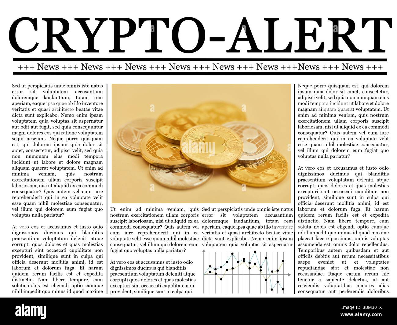 Ein Newsletter-Design mit Nachrichten zu Kryptowährungen mit Bildern von Münzen, Diagrammen und Text, die Einblicke in Trends und Updates im Bereich der digitalen Finanzen bieten. Stockfoto
