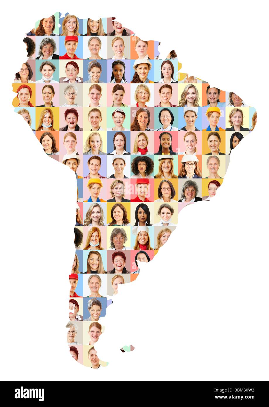Frauen in vielen verschiedenen Berufen auf einer Karte Südamerikas als Karrierekonzept. Stockfoto