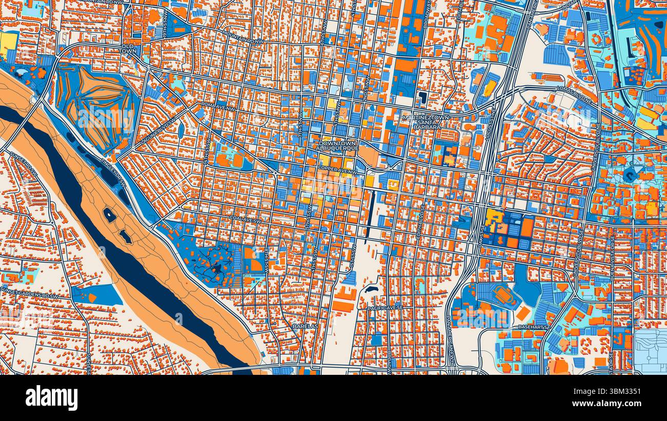 Farbenfrohe Albuquerque Kunstkarte mit Etiketten und Gebäuden mit vielen Details für städtische Straßen, Wege und Flecken. Stockfoto