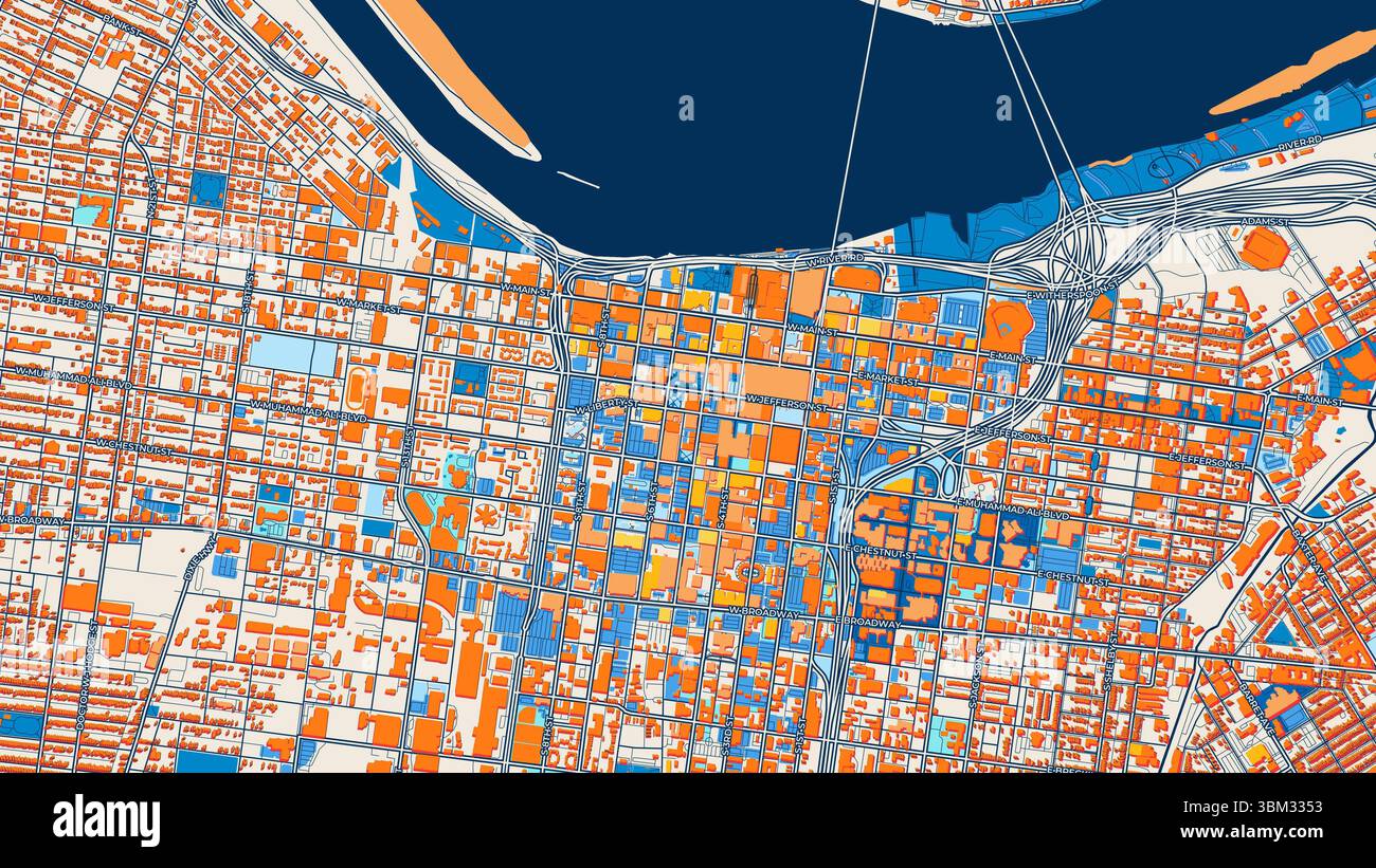 Farbenfrohe Louisville Kunstkarte mit Etiketten und Gebäuden mit vielen Details für städtische Straßen, Wege und Flecken. Stockfoto