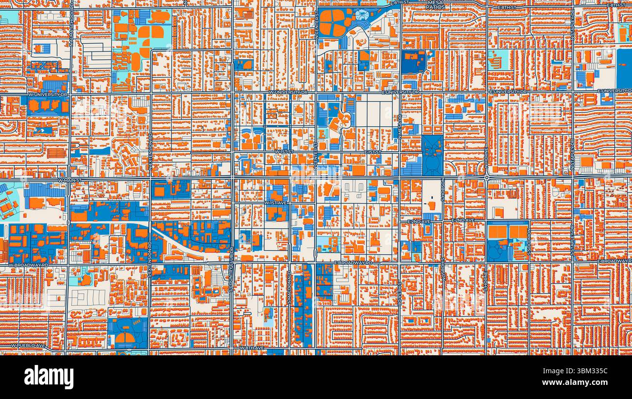 Farbenfrohe Mesa Art Map mit Etiketten und Gebäuden mit vielen Details für städtische Straßen, Wege und Flecken. Stockfoto
