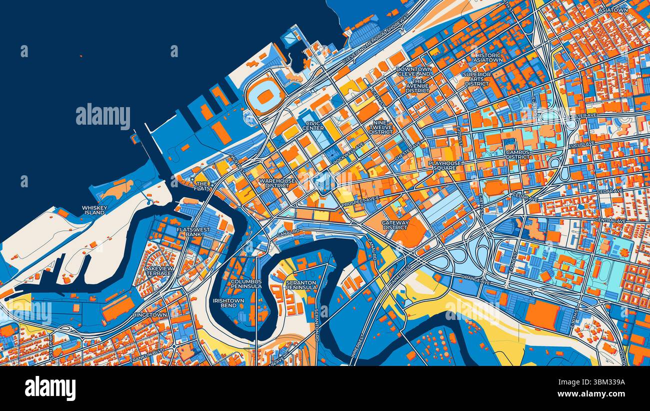 Farbenfrohe Cleveland Art Map mit Etiketten und Gebäuden mit vielen Details für Stadtstraßen, Wege und Flecken. Stockfoto
