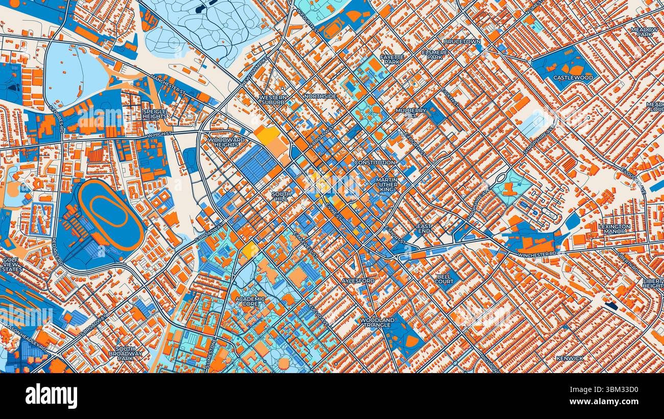Farbenfrohe Lexington Kunstkarte mit Etiketten und Gebäuden mit vielen Details für städtische Straßen, Wege und Flecken. Stockfoto