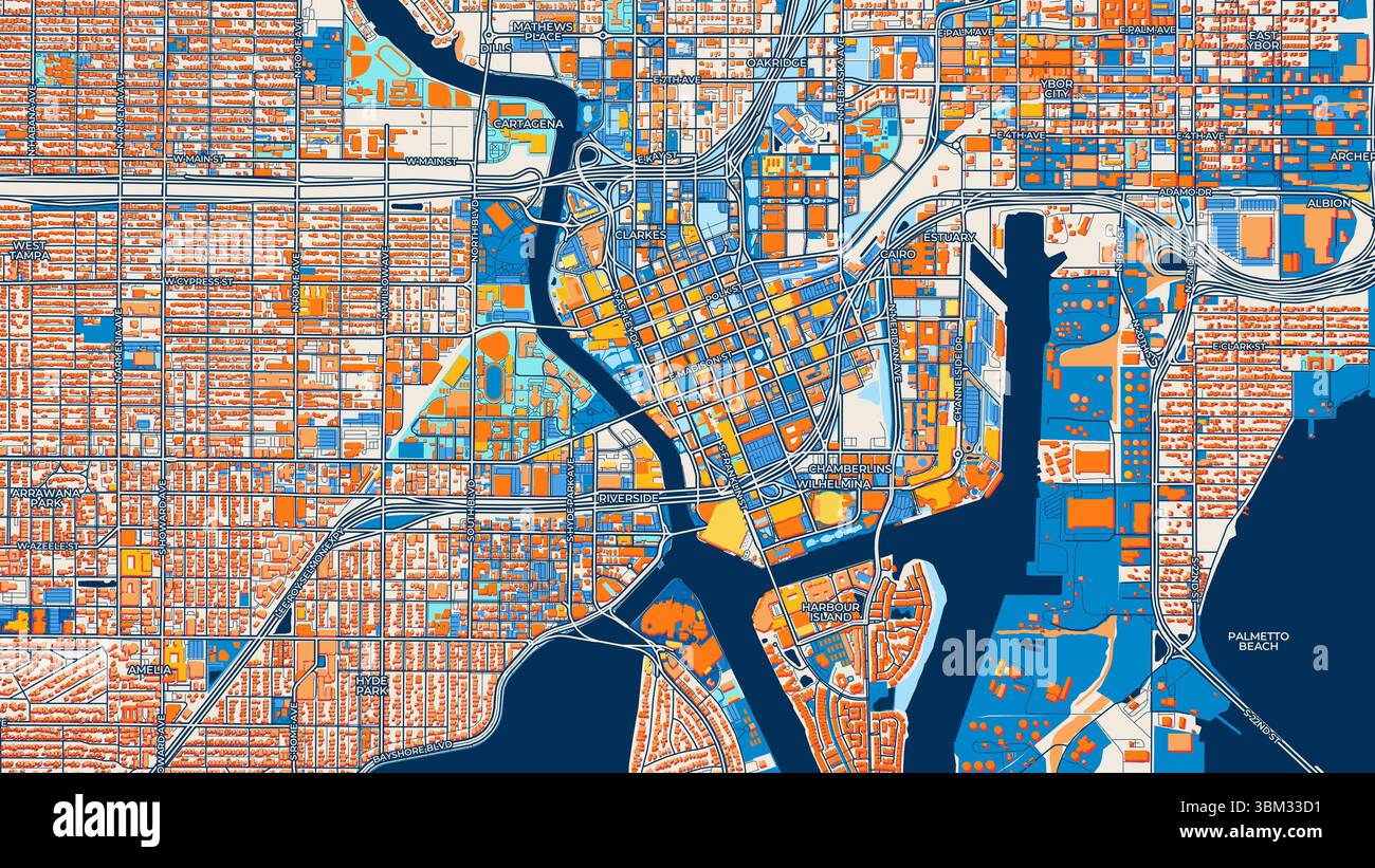 Farbenfrohe Tampa Kunstkarte mit Etiketten und Gebäuden mit vielen Details für städtische Straßen, Wege und Flecken. Stockfoto
