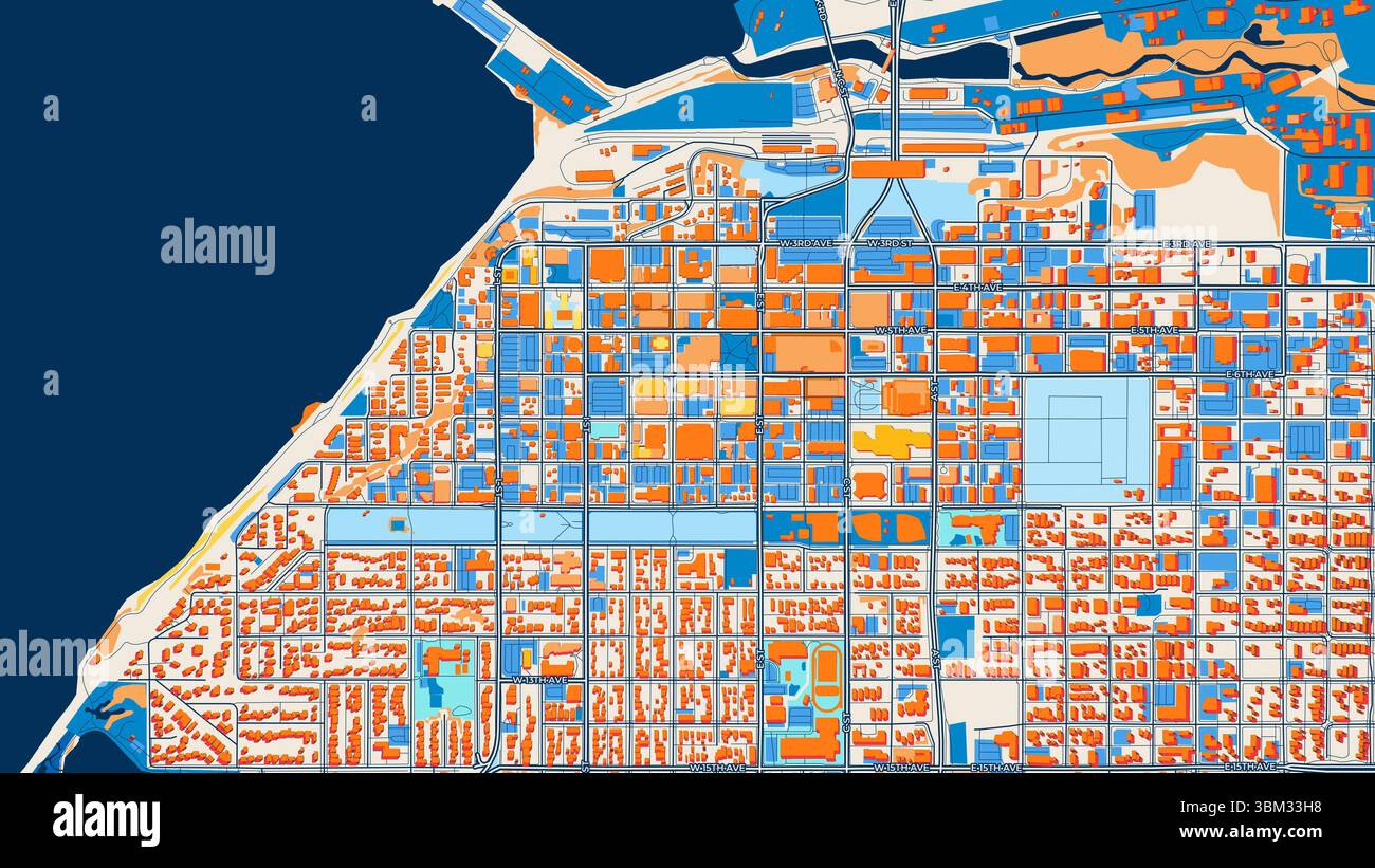 Farbenfrohe Anchorage-Kunstkarte mit Etiketten und Gebäuden mit vielen Details für städtische Straßen, Wege und Flecken. Stockfoto