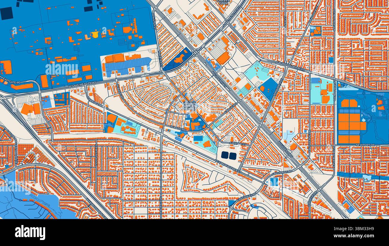 Farbenfrohe Henderson Kunstkarte mit Etiketten und Gebäuden mit vielen Details für städtische Straßen, Wege und Flecken. Stockfoto