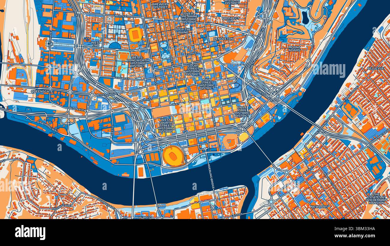 Farbenfrohe Cincinnati Kunstkarte mit Etiketten und Gebäuden mit vielen Details für städtische Straßen, Wege und Flecken. Stockfoto