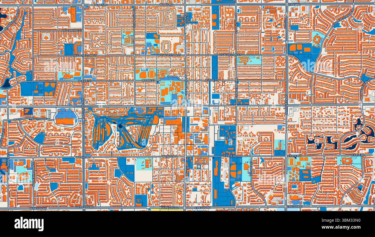 Farbenfrohe Chandler Kunstkarte mit Etiketten und Gebäuden mit vielen Details für städtische Straßen, Wege und Flecken. Stockfoto
