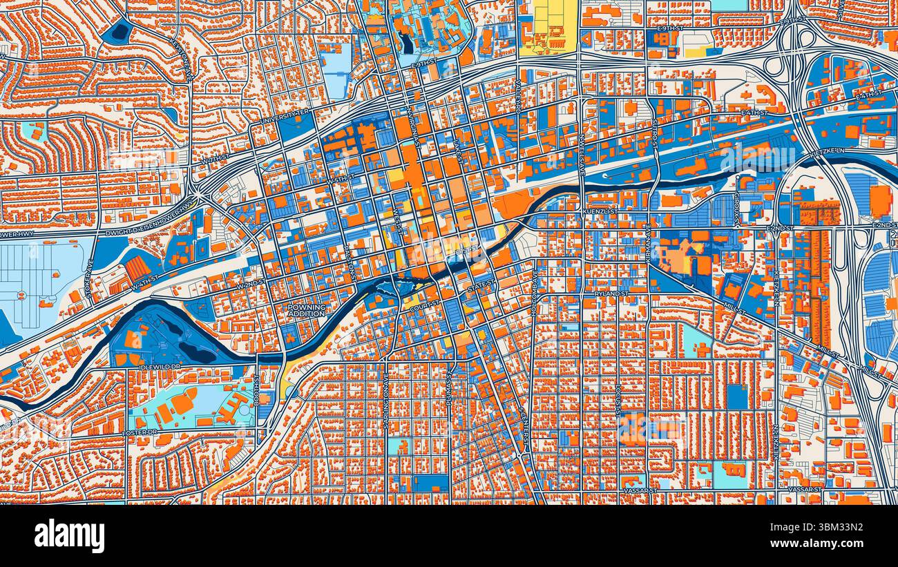 Farbenfrohe Reno Art Map mit Etiketten und Gebäuden mit vielen Details für städtische Straßen, Wege und Flecken. Stockfoto