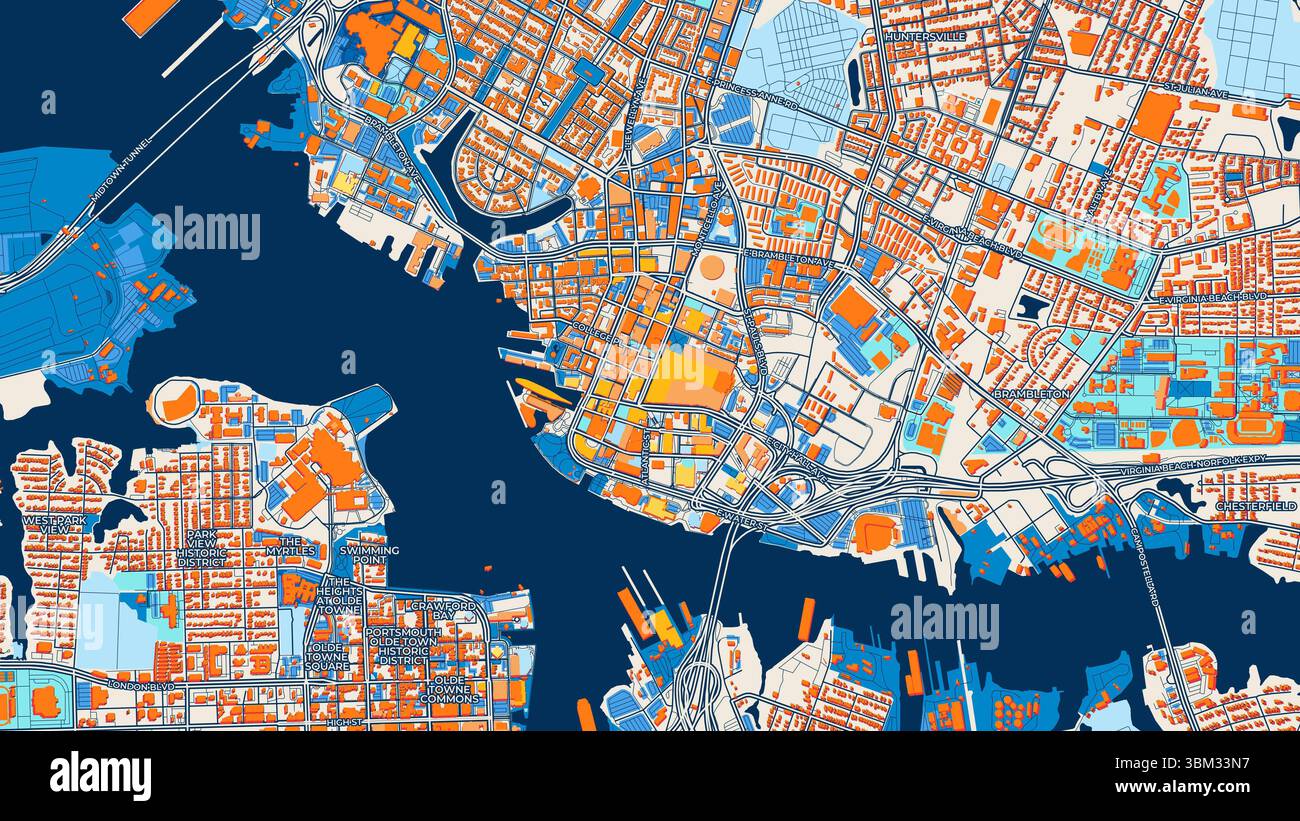 Farbenfrohe Norfolk Kunstkarte mit Etiketten und Gebäuden mit vielen Details für städtische Straßen, Wege und Flecken. Stockfoto