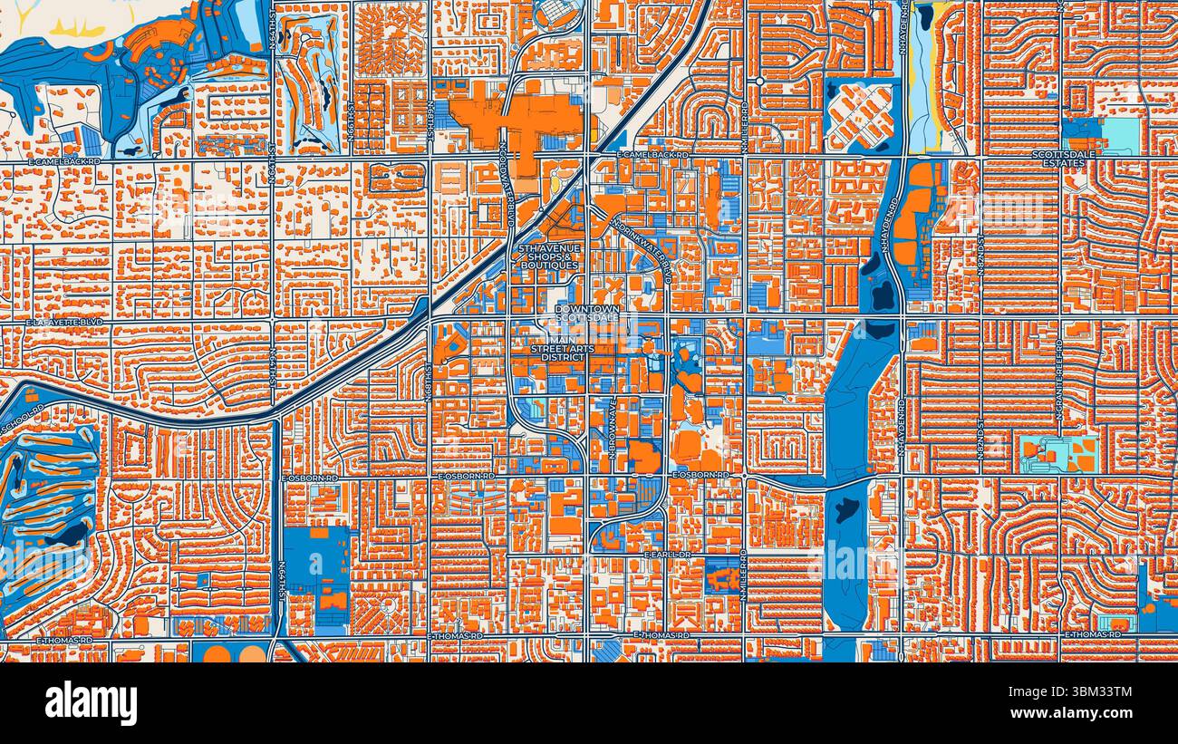 Farbenfrohe Scottsdale Kunstkarte mit Etiketten und Gebäuden mit vielen Details für städtische Straßen, Wege und Flecken. Stockfoto