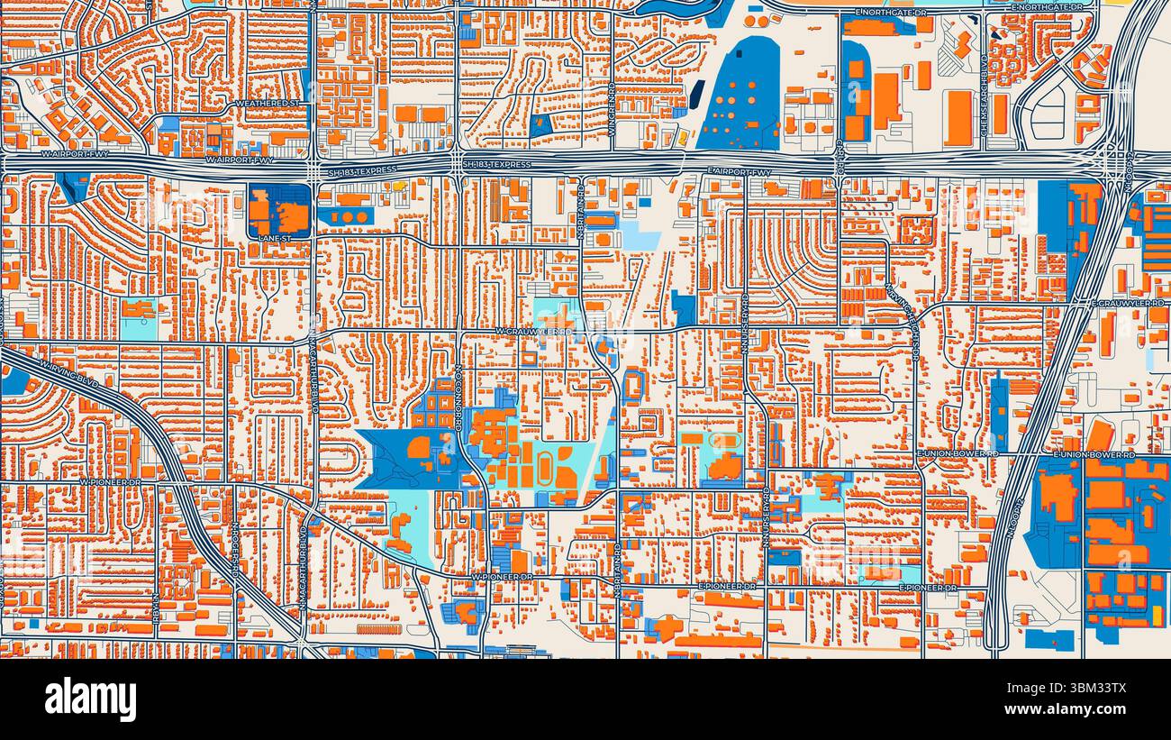 Farbenfrohe Irving Kunstkarte mit Etiketten und Gebäuden mit vielen Details für Stadtstraßen, Wege und Flecken. Stockfoto