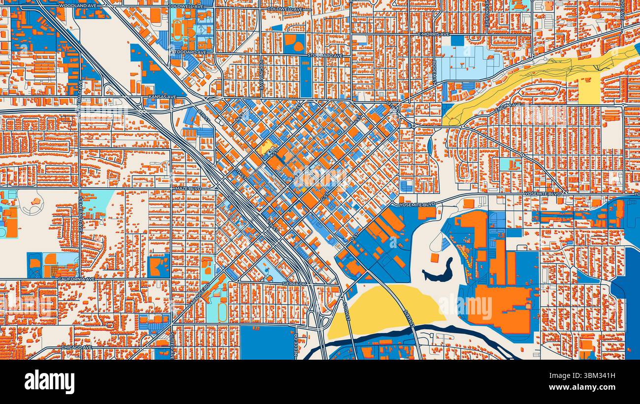 Farbenfrohe Modesto Kunstkarte mit Etiketten und Gebäuden mit vielen Details für städtische Straßen, Wege und Flecken. Stockfoto
