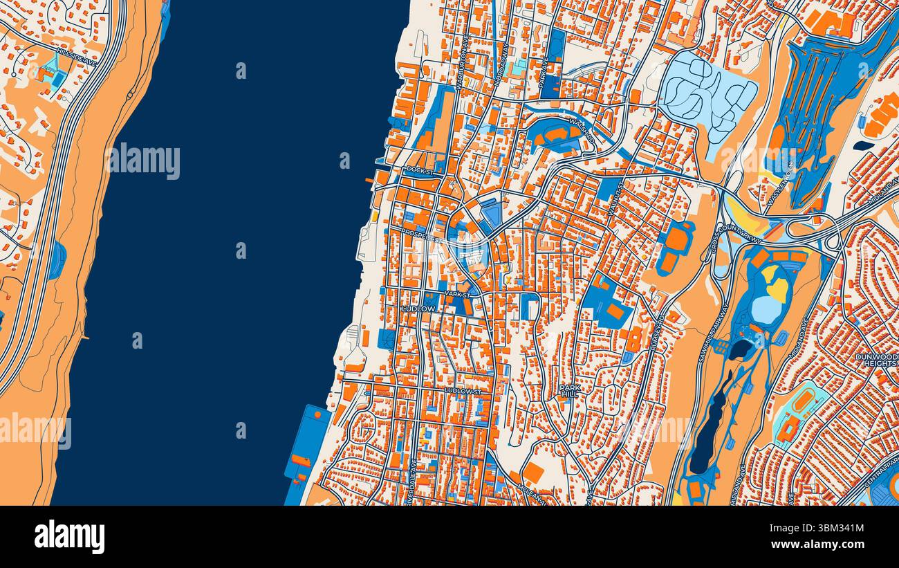 Farbenfrohe Yonkers Kunstkarte mit Etiketten und Gebäuden mit vielen Details für städtische Straßen, Wege und Flecken. Stockfoto