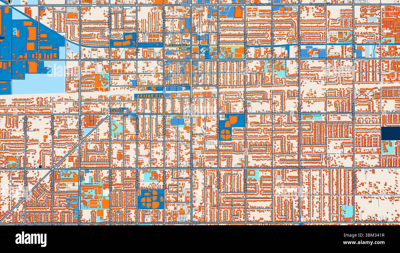 Farbenfrohe Fontana Art Map mit Etiketten und Gebäuden mit vielen Details für städtische Straßen, Wege und Flecken. Stockfoto