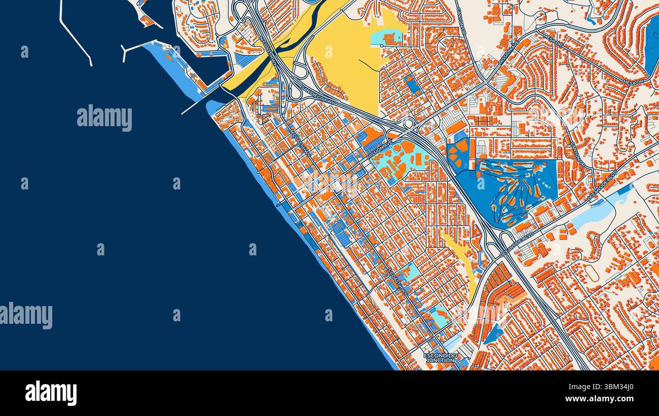Farbenfrohe Kunstkarte am Meer mit Etiketten und Gebäuden mit vielen Details für städtische Straßen, Wege und Flecken. Stockfoto