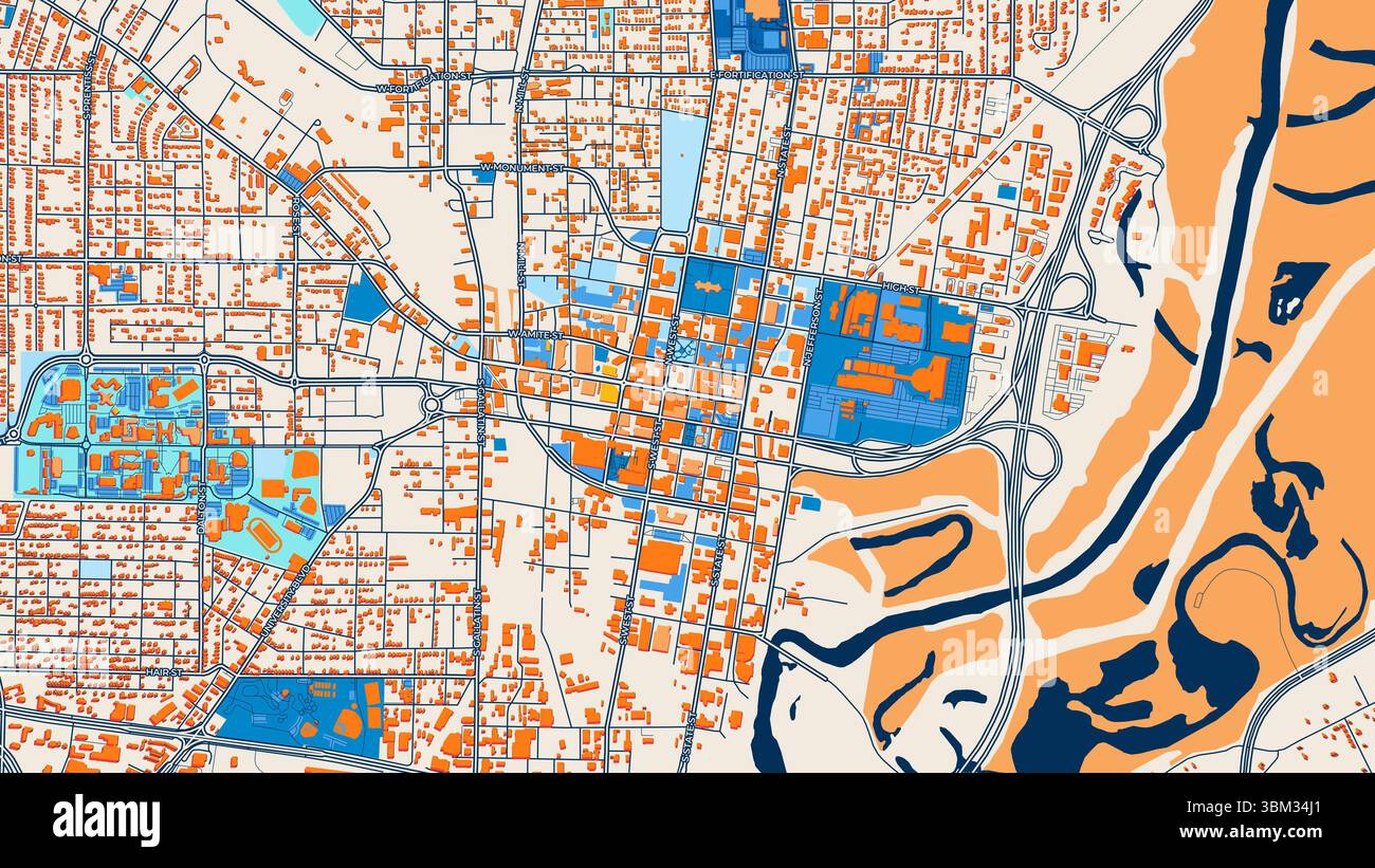 Farbenfrohe Jackson Art Map mit Labels und Gebäuden mit vielen Details für städtische Straßen, Wege und Flecken. Stockfoto