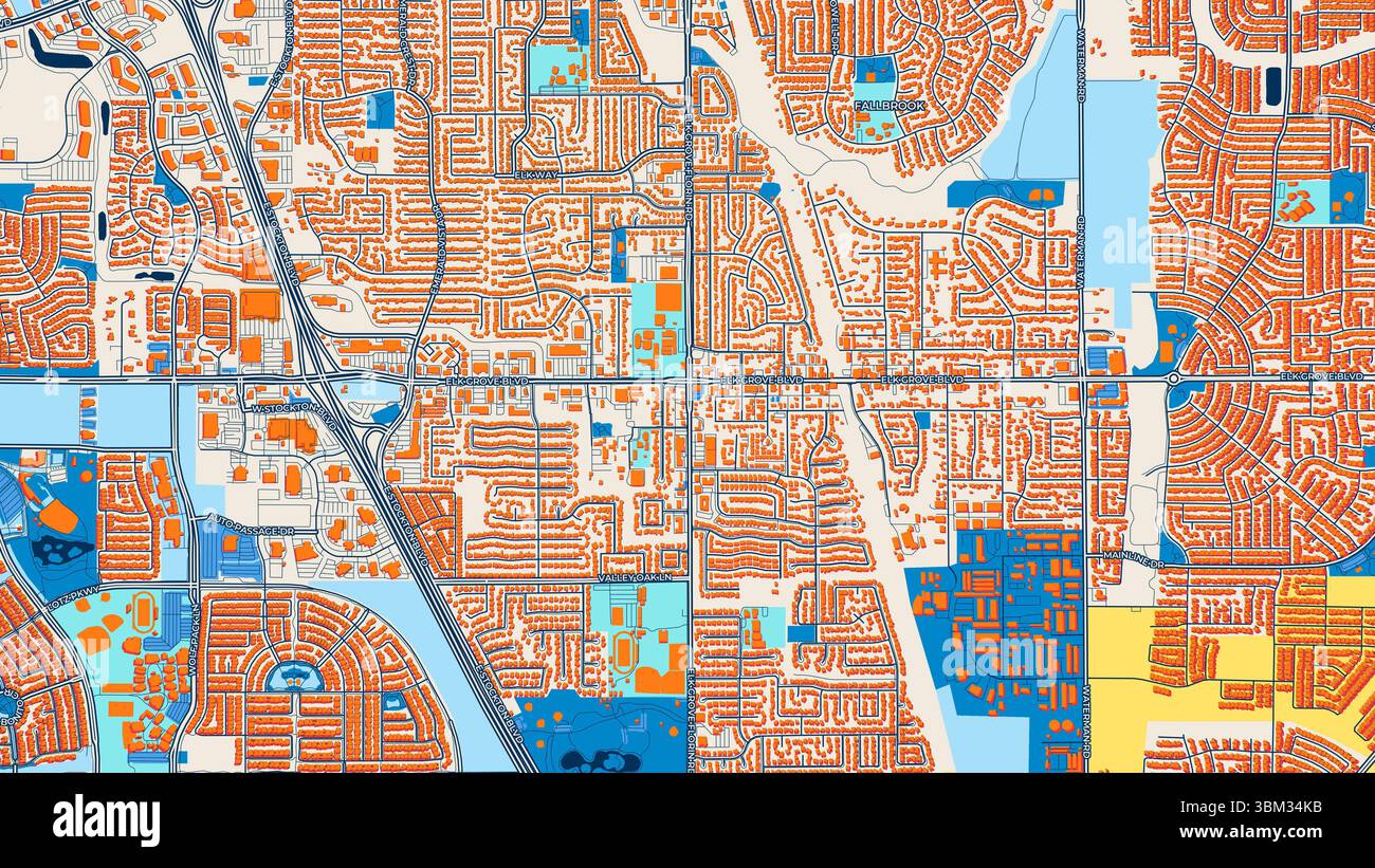 Farbenfrohe Elk Grove Kunstkarte mit Etiketten und Gebäuden mit vielen Details für städtische Straßen, Wege und Flecken. Stockfoto