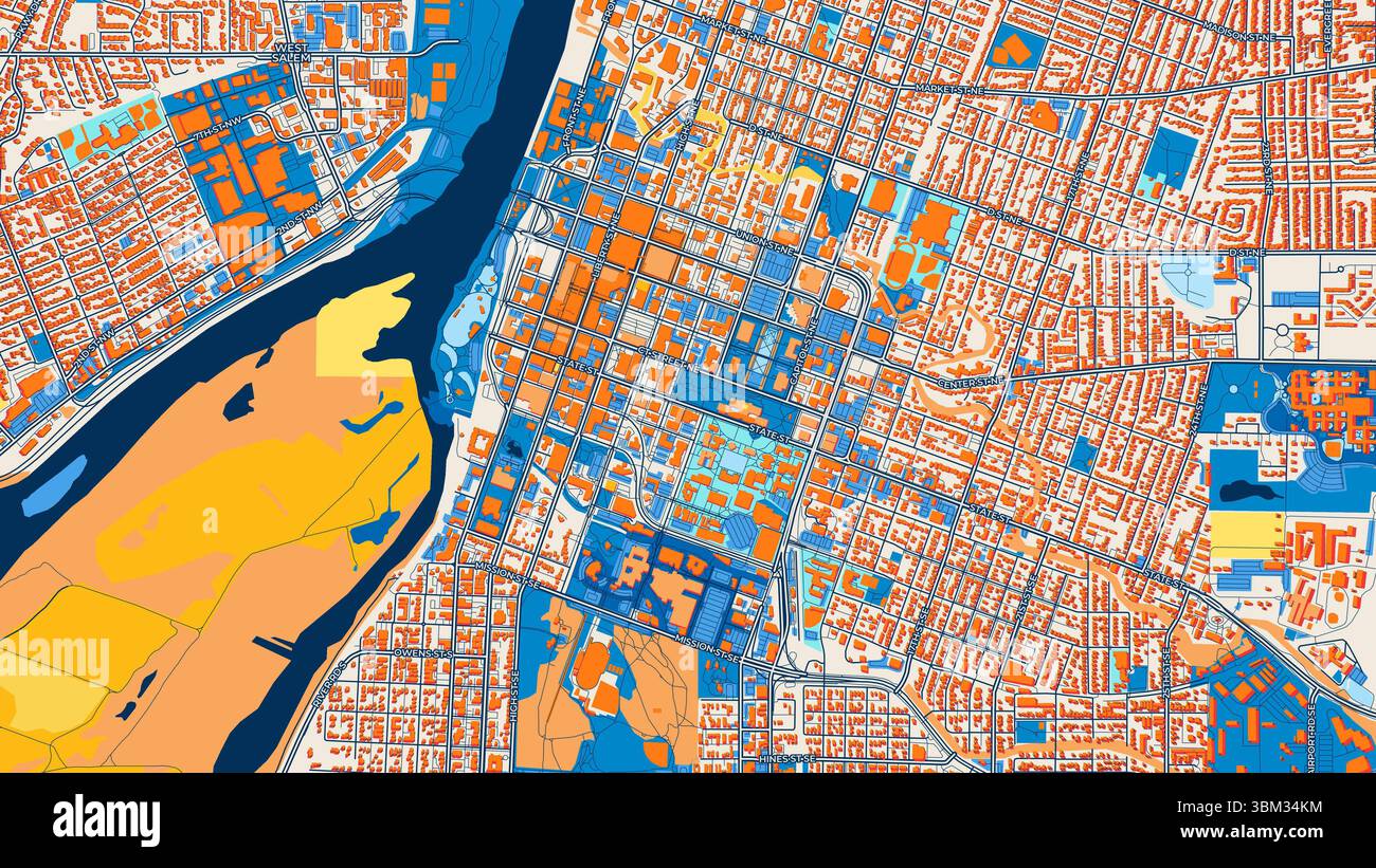 Farbenfrohe Salem Kunstkarte mit Etiketten und Gebäuden mit vielen Details für städtische Straßen, Wege und Flecken. Stockfoto