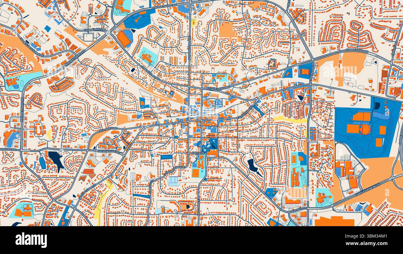 Farbenfrohe Cary Art Karte mit Etiketten und Gebäuden mit vielen Details für städtische Straßen, Wege und Flecken. Stockfoto