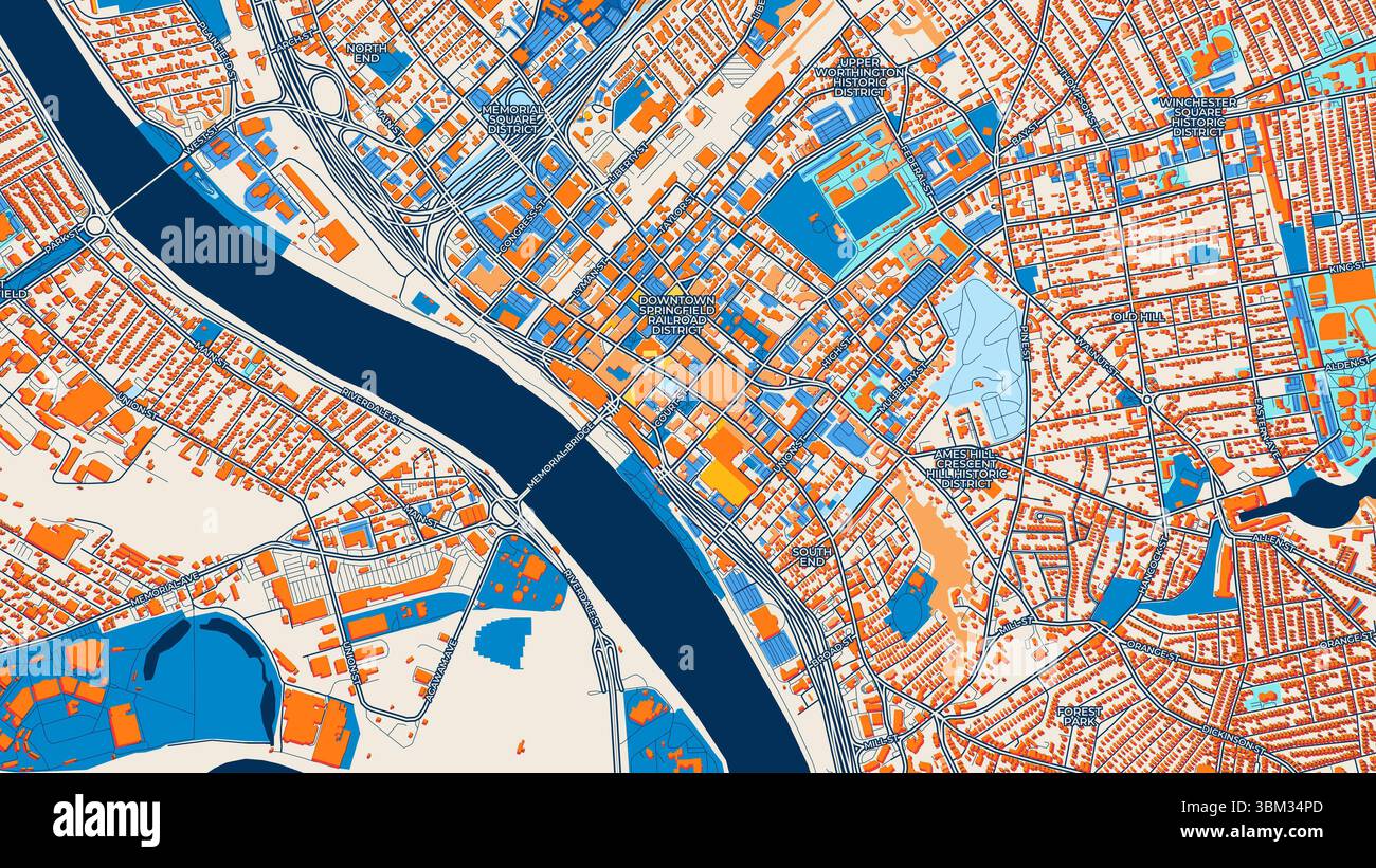 Farbenfrohe Springfield Kunstkarte mit Etiketten und Gebäuden mit vielen Details für städtische Straßen, Wege und Flecken. Stockfoto