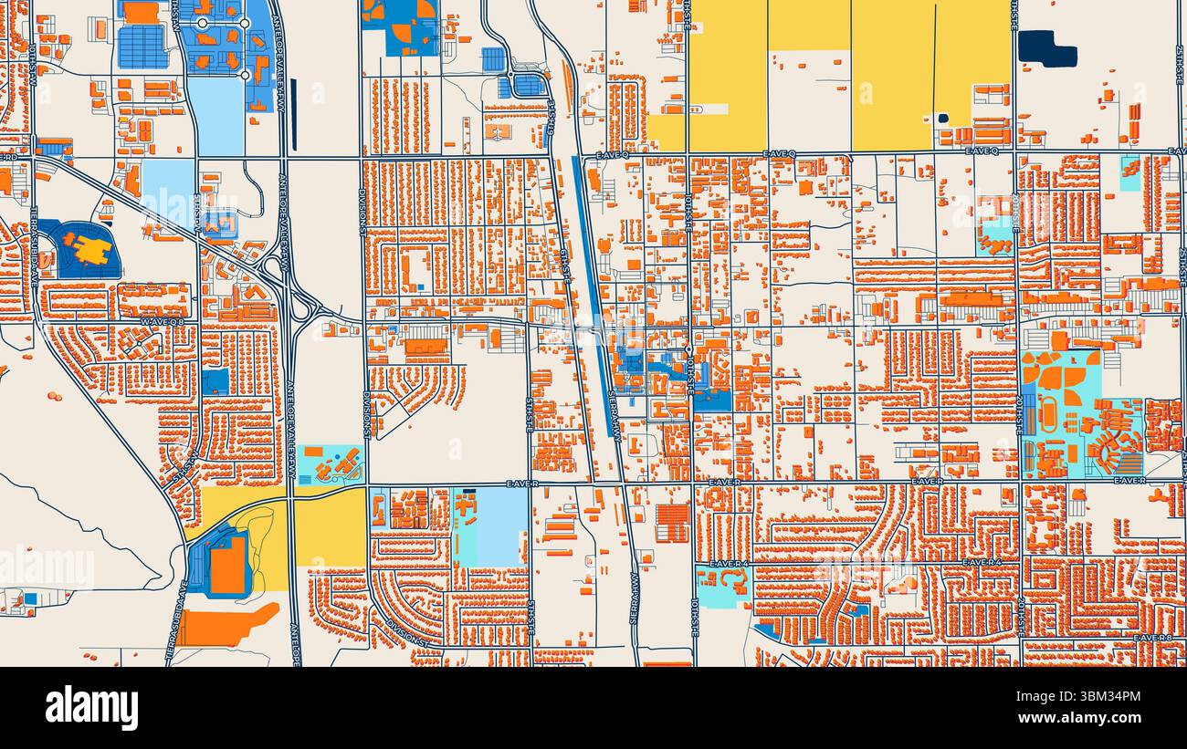 Farbenfrohe Palmdale Kunstkarte mit Etiketten und Gebäuden mit vielen Details für städtische Straßen, Wege und Flecken. Stockfoto