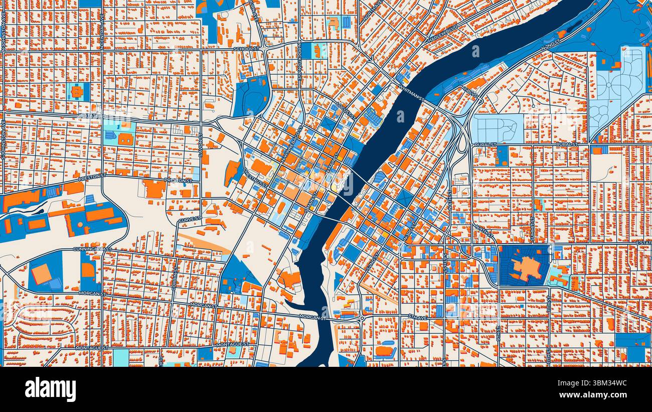Farbenfrohe Rockford Art Map mit Labels und Gebäuden mit vielen Details für Stadtstraßen, Wege und Flecken. Stockfoto