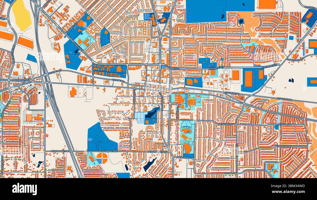Farbenfrohe Mesquite Art Map mit Etiketten und Gebäuden mit vielen Details für städtische Straßen, Wege und Flecken. Stockfoto