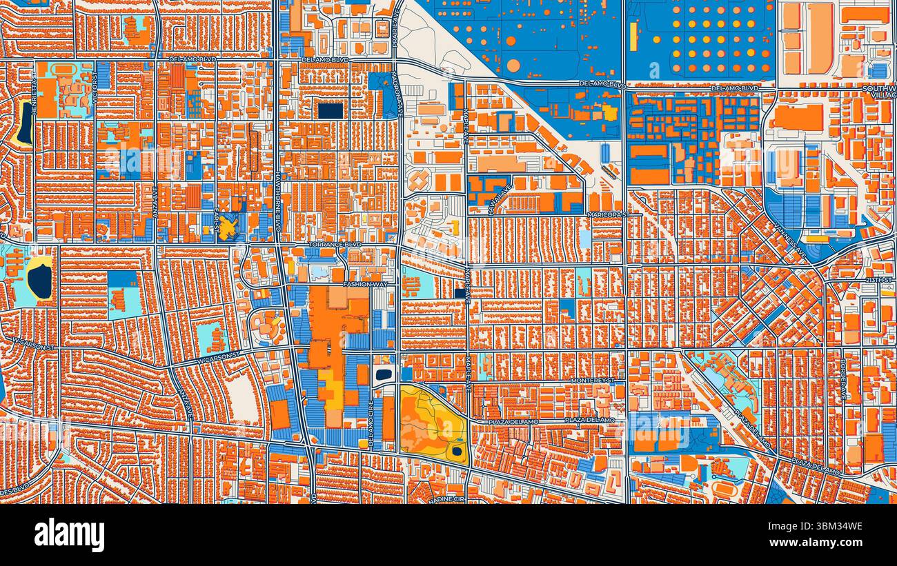 Farbenfrohe Torrance Kunstkarte mit Etiketten und Gebäuden mit vielen Details für städtische Straßen, Wege und Flecken. Stockfoto