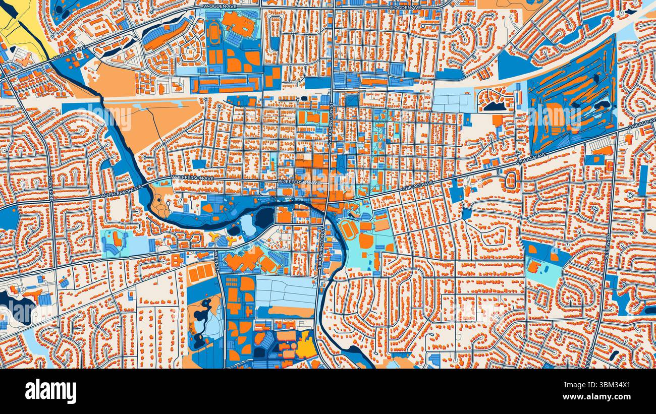 Farbenfrohe Naperville Kunstkarte mit Etiketten und Gebäuden mit vielen Details für städtische Straßen, Wege und Flecken. Stockfoto