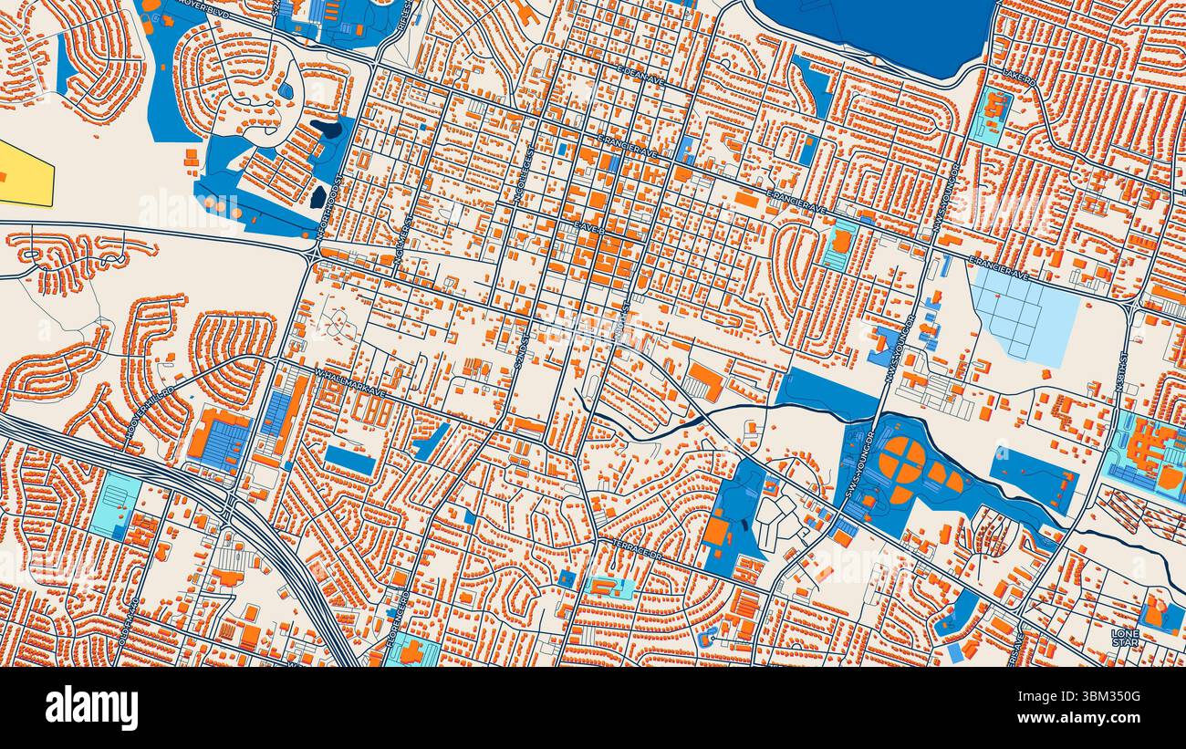 Farbenfrohe Killeen Kunstkarte mit Etiketten und Gebäuden mit vielen Details für städtische Straßen, Wege und Flecken. Stockfoto