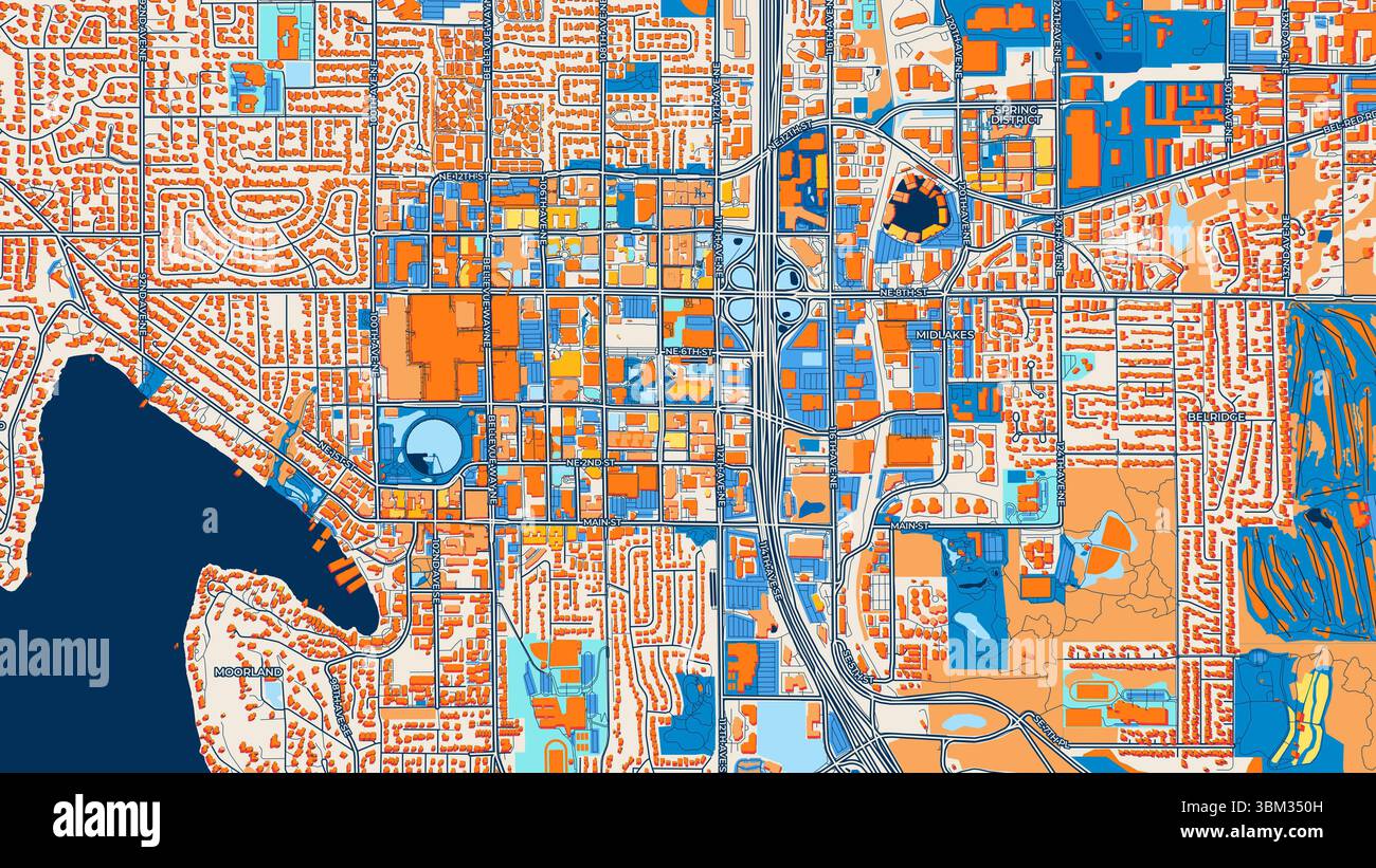 Farbenfrohe Bellevue Kunstkarte mit Etiketten und Gebäuden mit vielen Details für städtische Straßen, Wege und Flecken. Stockfoto