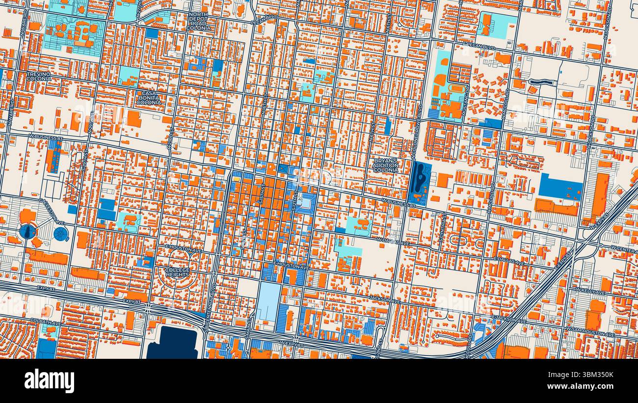 Farbenfrohe McAllen Kunstkarte mit Etiketten und Gebäuden mit vielen Details für städtische Straßen, Wege und Flecken. Stockfoto