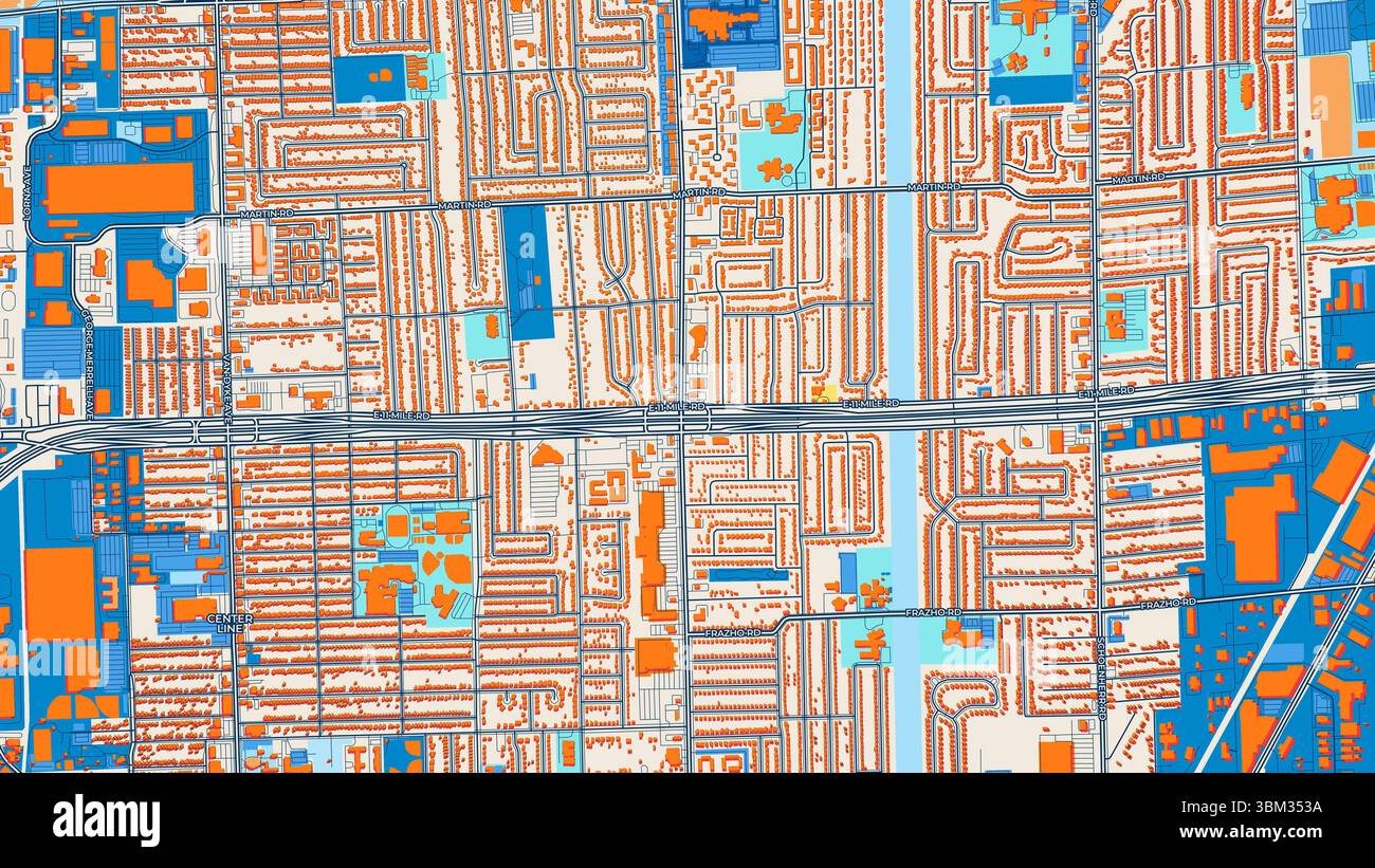 Farbenfrohe Warren Art Map mit Etiketten und Gebäuden mit vielen Details für städtische Straßen, Wege und Flecken. Stockfoto