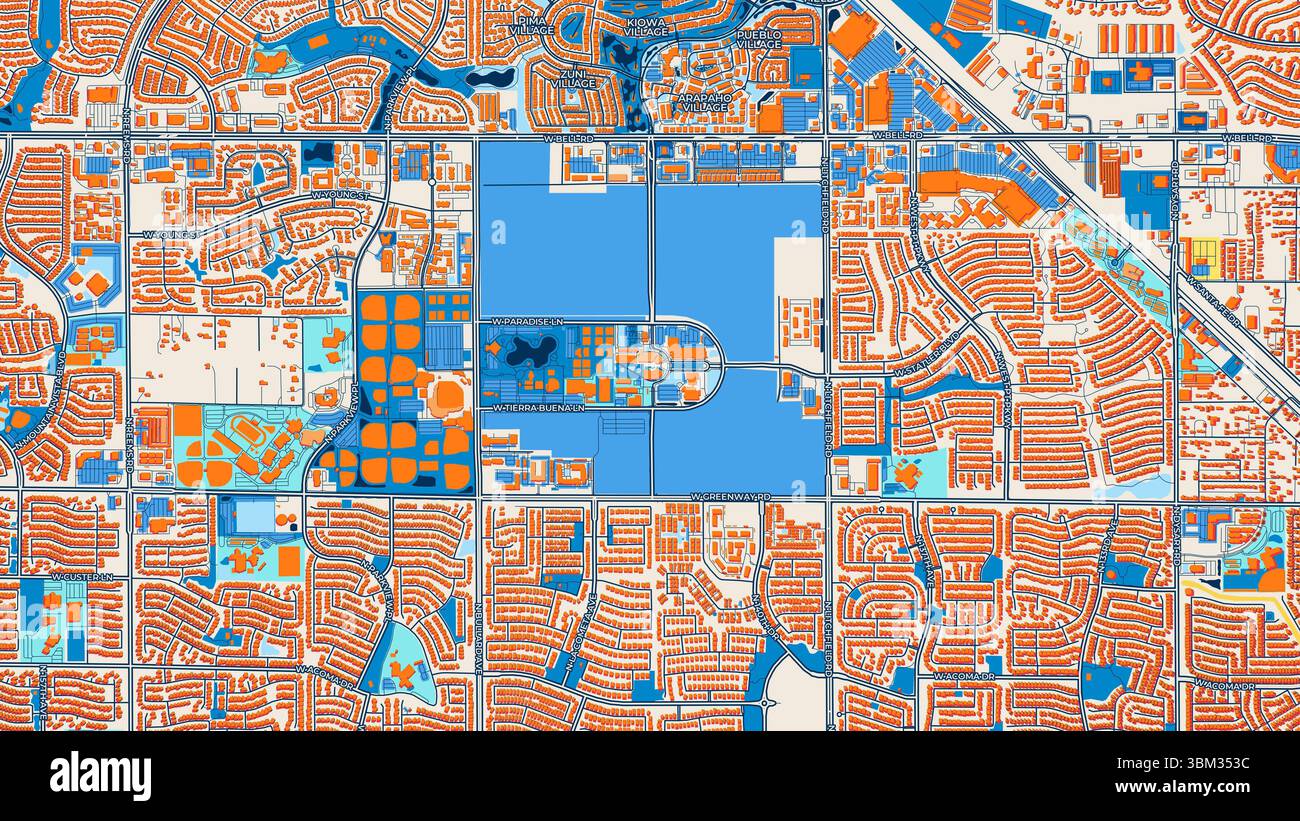Farbenfrohe Überraschungskarte mit Etiketten und Gebäuden mit vielen Details für städtische Straßen, Wege und Flecken. Stockfoto