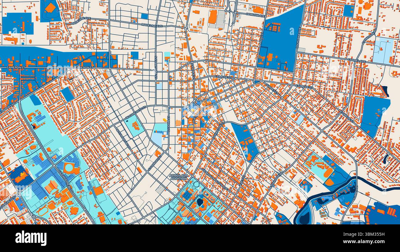 Farbenfrohe Lafayette Kunstkarte mit Etiketten und Gebäuden mit vielen Details für städtische Straßen, Wege und Flecken. Stockfoto