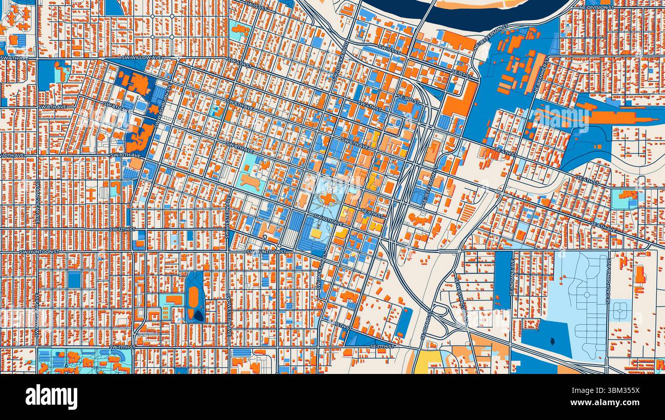 Farbenfrohe Topeka-Kunstkarte mit Etiketten und Gebäuden mit vielen Details für städtische Straßen, Wege und Flecken. Stockfoto