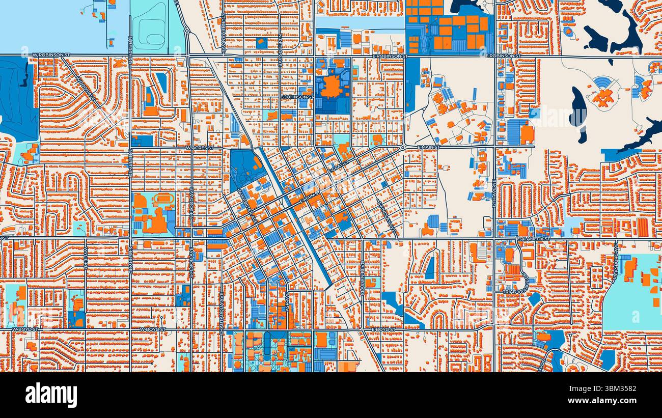 Farbenfrohe normannische Kunstkarte mit Etiketten und Gebäuden mit vielen Details für städtische Straßen, Wege und Flecken. Stockfoto