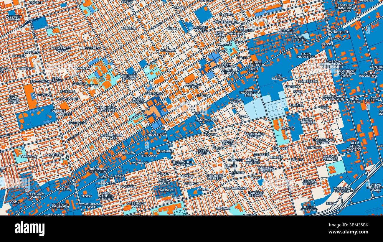 Farbenfrohe Odessa Kunstkarte mit Etiketten und Gebäuden mit vielen Details für städtische Straßen, Wege und Flecken. Stockfoto