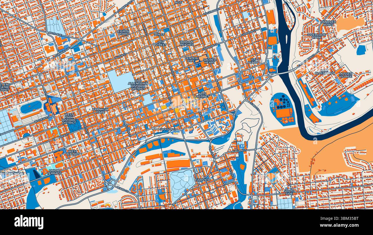 Farbenfrohe Allentown Kunstkarte mit Etiketten und Gebäuden mit vielen Details für städtische Straßen, Wege und Flecken. Stockfoto