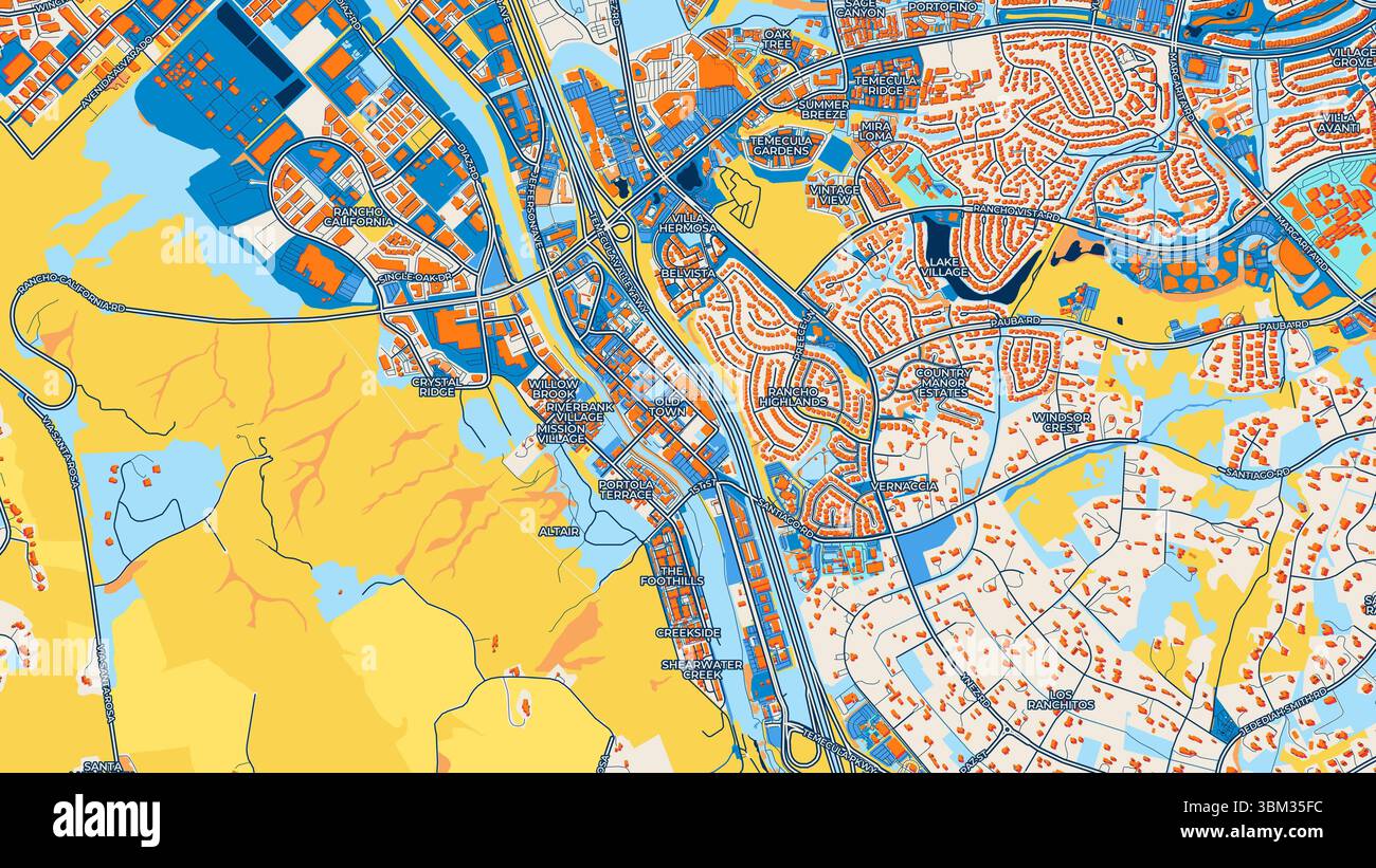 Farbenfrohe Temecula Kunstkarte mit Etiketten und Gebäuden mit vielen Details für städtische Straßen, Wege und Flecken. Stockfoto