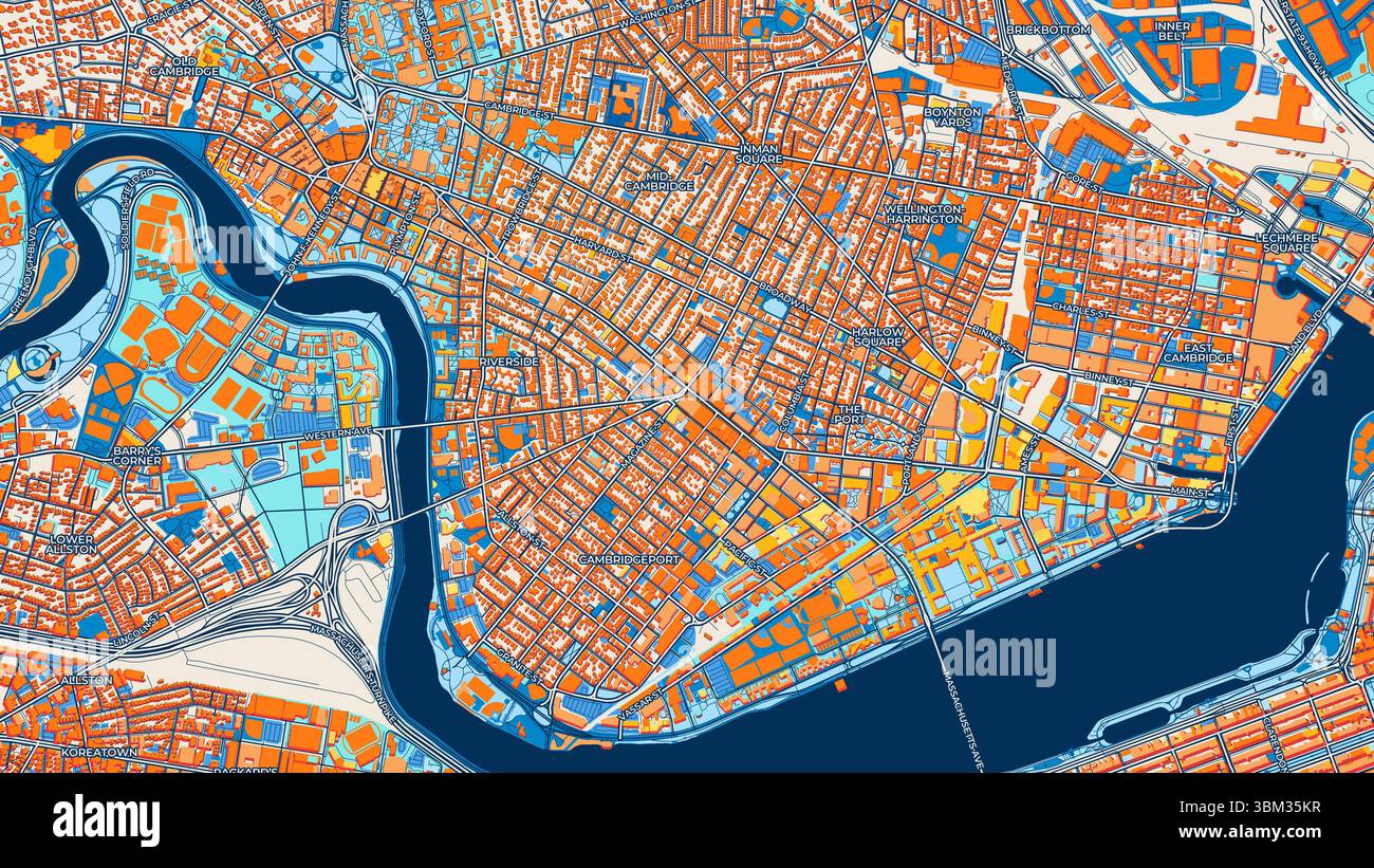 Farbenfrohe Cambridge Kunstkarte mit Etiketten und Gebäuden mit vielen Details für städtische Straßen, Wege und Flecken. Stockfoto