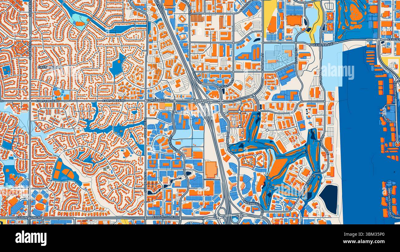 Farbenfrohe Karte zur hundertjährigen Kunst mit Etiketten und Gebäuden mit vielen Details für städtische Straßen, Wege und Flecken. Stockfoto