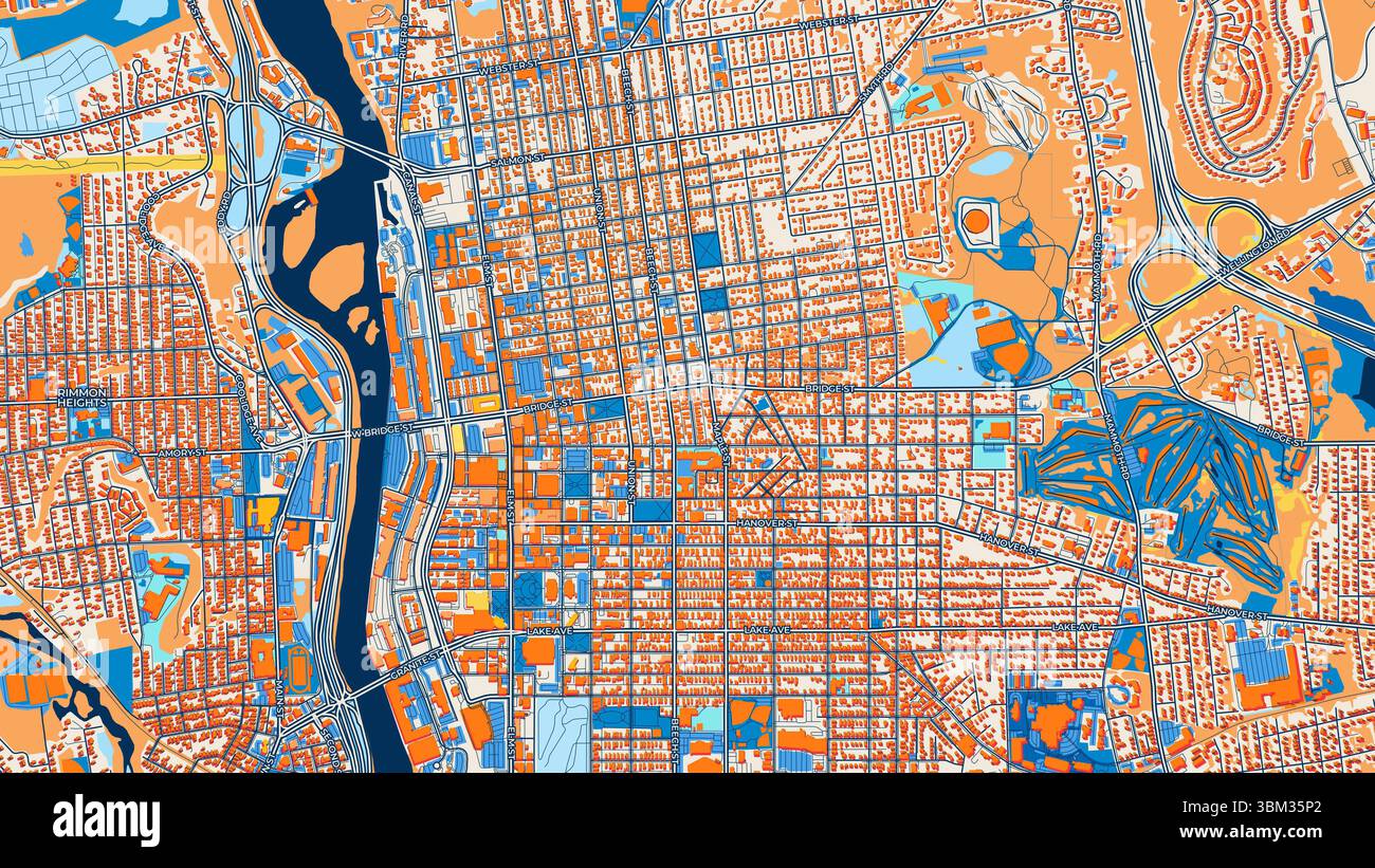 Farbenfrohe Manchester Art Map mit Etiketten und Gebäuden mit vielen Details für städtische Straßen, Wege und Flecken. Stockfoto