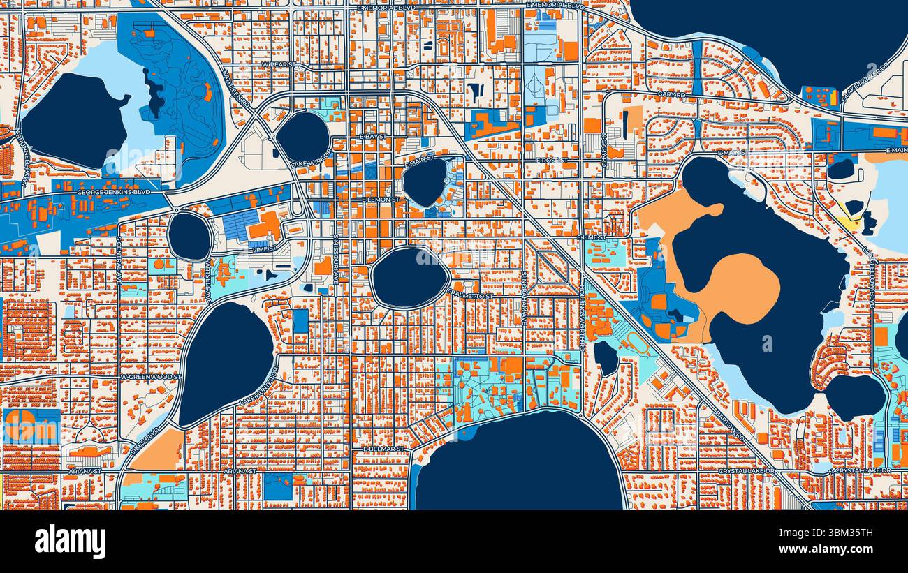 Farbenfrohe Seeland Art Map mit Labels und Gebäuden mit vielen Details für städtische Straßen, Wege und Flecken. Stockfoto
